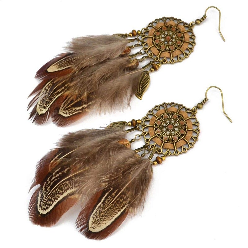 Idealway Punk Vintage Long Tassel Feather Beads Drop Wolf Tooth Pendant Earring Fish Hook Earrings (Brown B) - Image 4